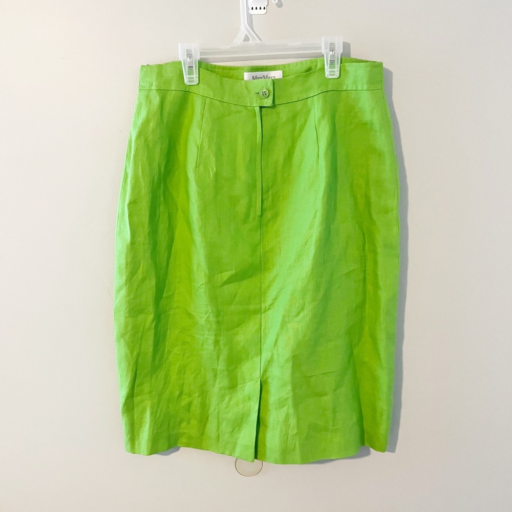 Max Mara Lime Green 100% Linen Pencil Skirt Made in Italy Size 12